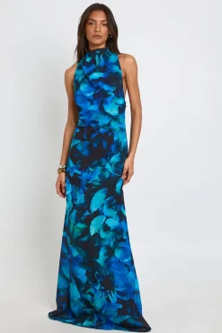 Robe Longue Imprimée En Mousseline Avec Col Bénitier Haut Et Dos Nu