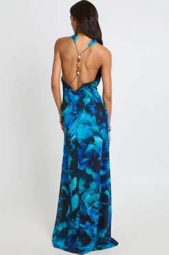 Robe Longue Imprimée En Mousseline Avec Col Bénitier Haut Et Dos Nu