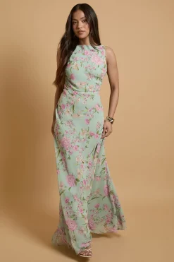 Robe Longue Imprimée En Mousseline Avec Dos Drapé En Dentelle Petite Taille