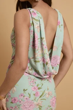 Robe Longue Imprimée En Mousseline Avec Dos Drapé En Dentelle Petite Taille