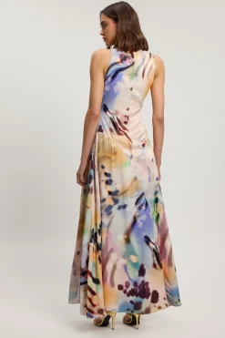 Robe Longue Imprimée En Viscose Satinée Avec Col Drapé