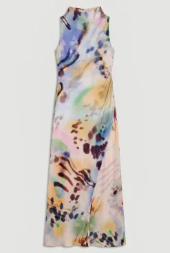 Robe Longue Imprimée En Viscose Satinée Avec Col Drapé
