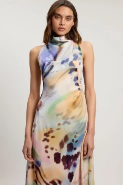 Robe Longue Imprimée En Viscose Satinée Avec Col Drapé