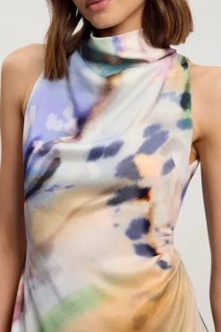 Robe Longue Imprimée En Viscose Satinée Avec Col Drapé