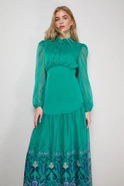 Robe Longue Imprimée à Manches Longues et Taille Basse Cintrée