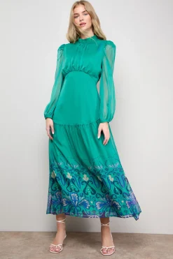Robe Longue Imprimée à Manches Longues et Taille Basse Cintrée