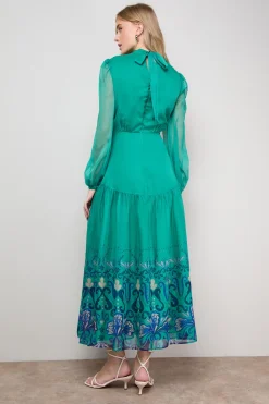 Robe Longue Imprimée à Manches Longues et Taille Basse Cintrée