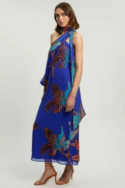 Robe Longue Imprimée À Une Épaule Ornée