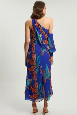 Robe Longue Imprimée À Une Épaule Ornée