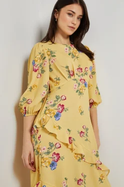Robe Longue À Imprimé Floral Avec Manches Volumineuses Et Détails Volantés