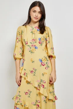 Robe Longue À Imprimé Floral Avec Manches Volumineuses Et Détails Volantés