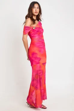 boohoo Robe Longue Imprimé Floral Col Asymétrique Bordure Dorée<Femme Robes Moulantes|Robes