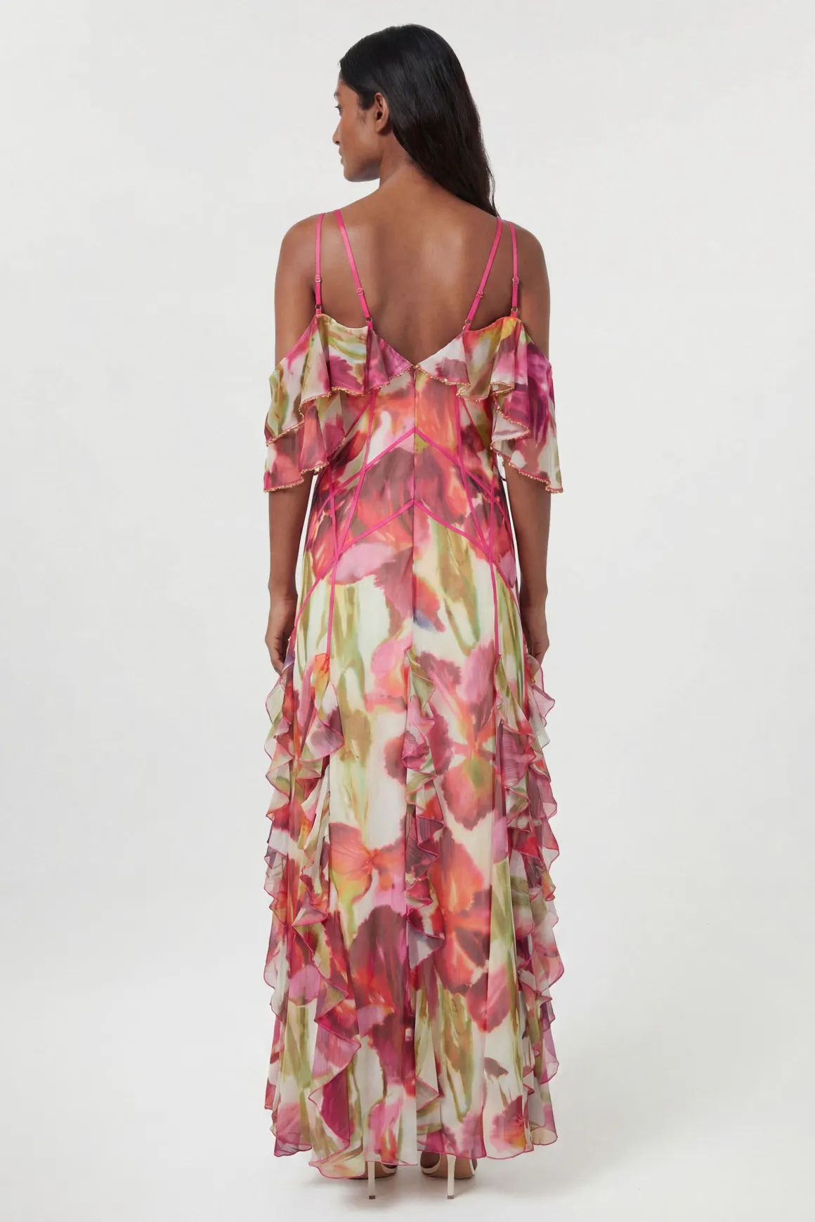 Robe Longue À Imprimé Floral Froissé Avec Épaules Dénudées Et Perles