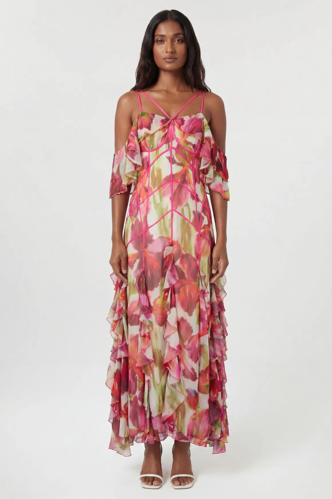 Robe Longue À Imprimé Floral Froissé Avec Épaules Dénudées Et Perles