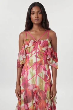 Robe Longue À Imprimé Floral Froissé Avec Épaules Dénudées Et Perles