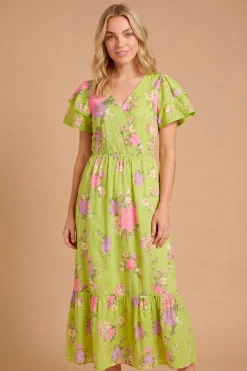 Robe Longue À Imprimé Floral Vert Avec Cache-cœur, Détails En Dentelle Et Volants Étagés