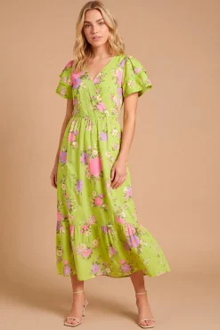Robe Longue À Imprimé Floral Vert Avec Cache-cœur, Détails En Dentelle Et Volants Étagés