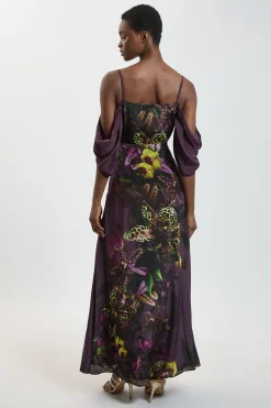Robe Longue À Imprimé Orchidée Placé Et Épaules Dénudées