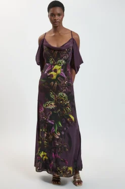 Robe Longue À Imprimé Orchidée Placé Et Épaules Dénudées