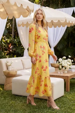 Dorothy Perkins Robe Longue Jaune À Imprimé Fleuri Avec Détail Cache-cœur Et Manches Bouffantes<Femme Robes À Manches Longues|Robes
