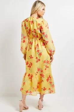 Dorothy Perkins Robe Longue Jaune À Imprimé Fleuri Avec Détail Cache-cœur Et Manches Bouffantes<Femme Robes À Manches Longues|Robes