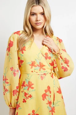 Dorothy Perkins Robe Longue Jaune À Imprimé Fleuri Avec Détail Cache-cœur Et Manches Bouffantes<Femme Robes À Manches Longues|Robes