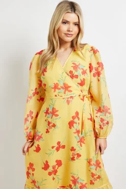 Dorothy Perkins Robe Longue Jaune À Imprimé Fleuri Avec Détail Cache-cœur Et Manches Bouffantes<Femme Robes À Manches Longues|Robes
