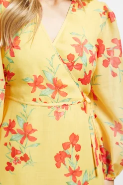 Dorothy Perkins Robe Longue Jaune À Imprimé Fleuri Avec Détail Cache-cœur Et Manches Bouffantes<Femme Robes À Manches Longues|Robes