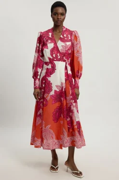Robe Longue À Manches Ballon Et Imprimé Baroque