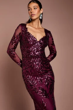 Robe Longue à Manches Longues avec Sequins Floraux