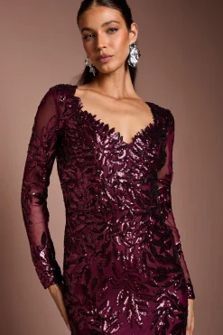 Robe Longue à Manches Longues avec Sequins Floraux