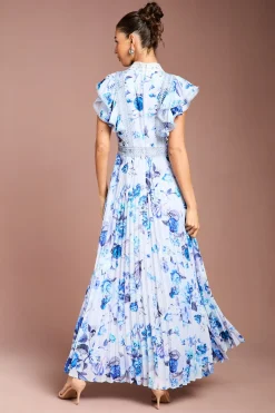 Robe Longue à Manches Volantées Col Contrastant et Jupe Plissée