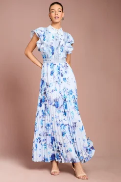 Robe Longue à Manches Volantées Col Contrastant et Jupe Plissée