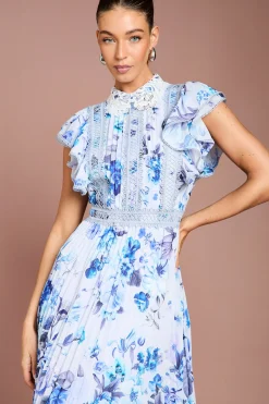 Robe Longue à Manches Volantées Col Contrastant et Jupe Plissée