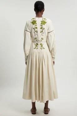Robe Longue Maxi En Sergé De Coton Tissé Brodé De Roses À Manches Longues