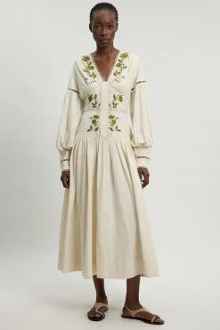 Robe Longue Maxi En Sergé De Coton Tissé Brodé De Roses À Manches Longues