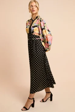 Robe Longue Maxi À Manches Longues Avec Détail De Lien Et Imprimés Mixtes