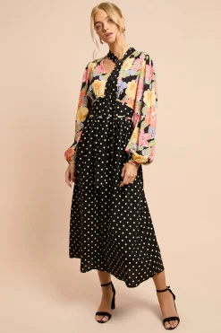Robe Longue Maxi À Manches Longues Avec Détail De Lien Et Imprimés Mixtes