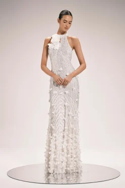 Robe Longue Maxi Tissée Avec Appliqués De Cristaux Et Rosettes
