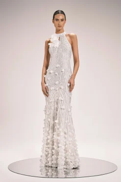 Robe Longue Maxi Tissée Avec Appliqués De Cristaux Et Rosettes