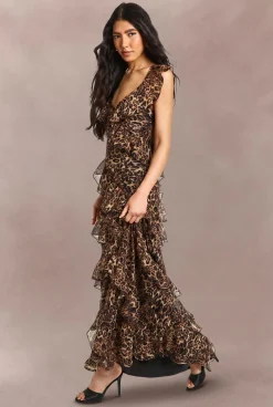 Robe Longue Maxi À Volants En Mousseline Imprimé Léopard Avec Bretelles