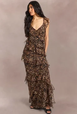 Robe Longue Maxi À Volants En Mousseline Imprimé Léopard Avec Bretelles
