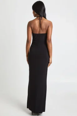 Robe Longue Moulante avec Détail en Dentelle au Col Licou