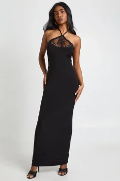 Robe Longue Moulante avec Détail en Dentelle au Col Licou
