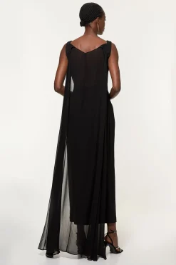 Robe Longue Moulante Dos Nu En Cady De Viscose Petite Avec Cape Détachable En Georgette De Viscose