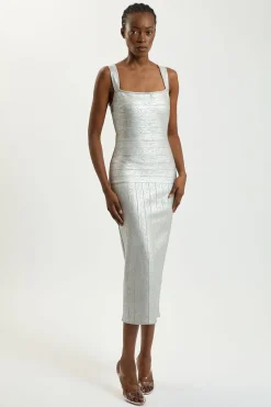 Robe Longue Moulante en Maille à Bretelles Métallisée