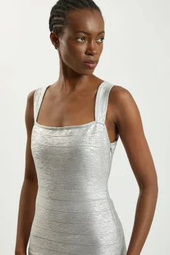Robe Longue Moulante en Maille à Bretelles Métallisée