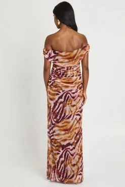 Robe Longue Moulante En Mesh À Imprimé Animal Ton Sur Ton Et Épaules Dénudées