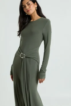 boohoo Robe Longue Moulante En Tissu Slinky Avec Anneau Et Ceinture Nouée À La Taille<Femme Robes Moulantes|Robes À Manches Longues