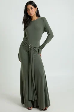 boohoo Robe Longue Moulante En Tissu Slinky Avec Anneau Et Ceinture Nouée À La Taille<Femme Robes Moulantes|Robes À Manches Longues